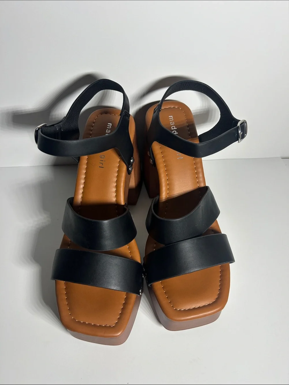 Madden Girl Black Strappy Platform Sandals with Brown Platform